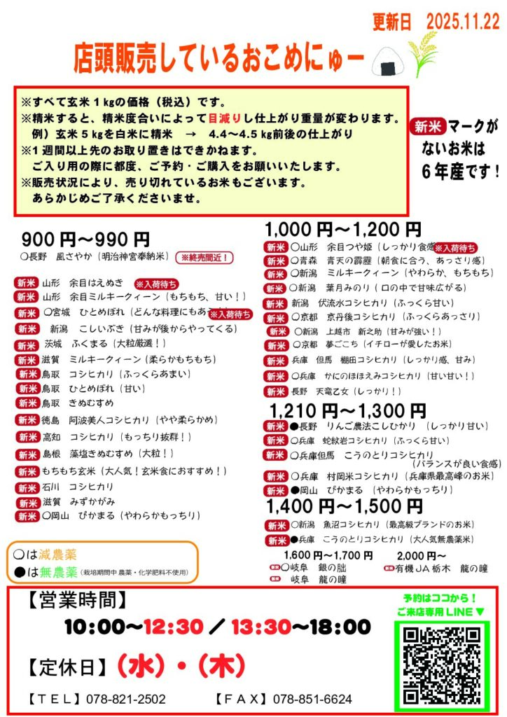 店頭販売しているお米一覧