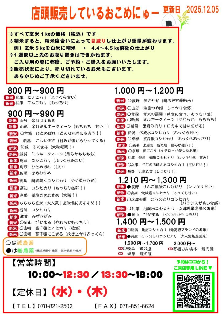 店頭販売しているお米一覧